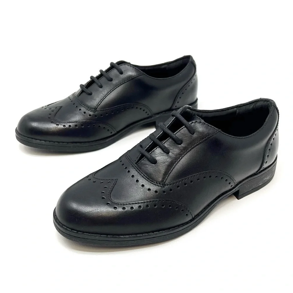 Clarks Shoes Wingtip Sami Fizz Junior Girls Black Leather Dress Size 1.5 New